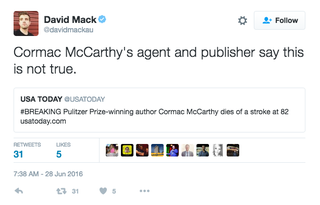 Illustration for article titled No, Cormac McCarthy Didn't Die of a Stroke